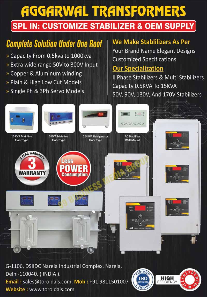 Stabilizers, Toroidal Transformers, Automatic Voltage Stabilizers, AC Voltage Stabilizers, Voltage Stabilizers, Isolation Transformers, Air Conditioner Toroidal Transformers, Electrical Transformers, Servo Voltage Stabilizers, Auto Variable Transformers, Automatic Voltage Stabilizer Control Cards, Servo Voltage Stabilizer Control Cards