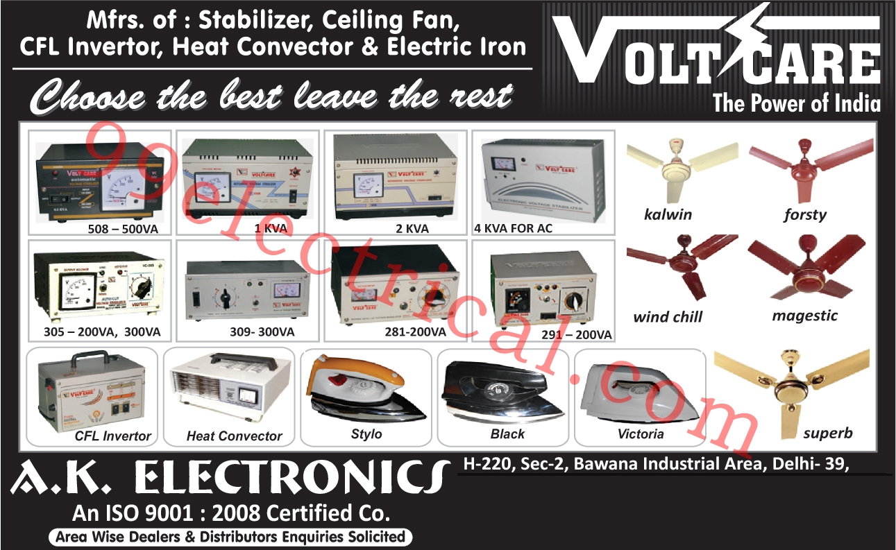 Ceiling Fans, CFL Inverter, Electric Irons, Heat Convectors,Electrical Products, Electrical Items, Stabilizer, Inverter, Battery Changer