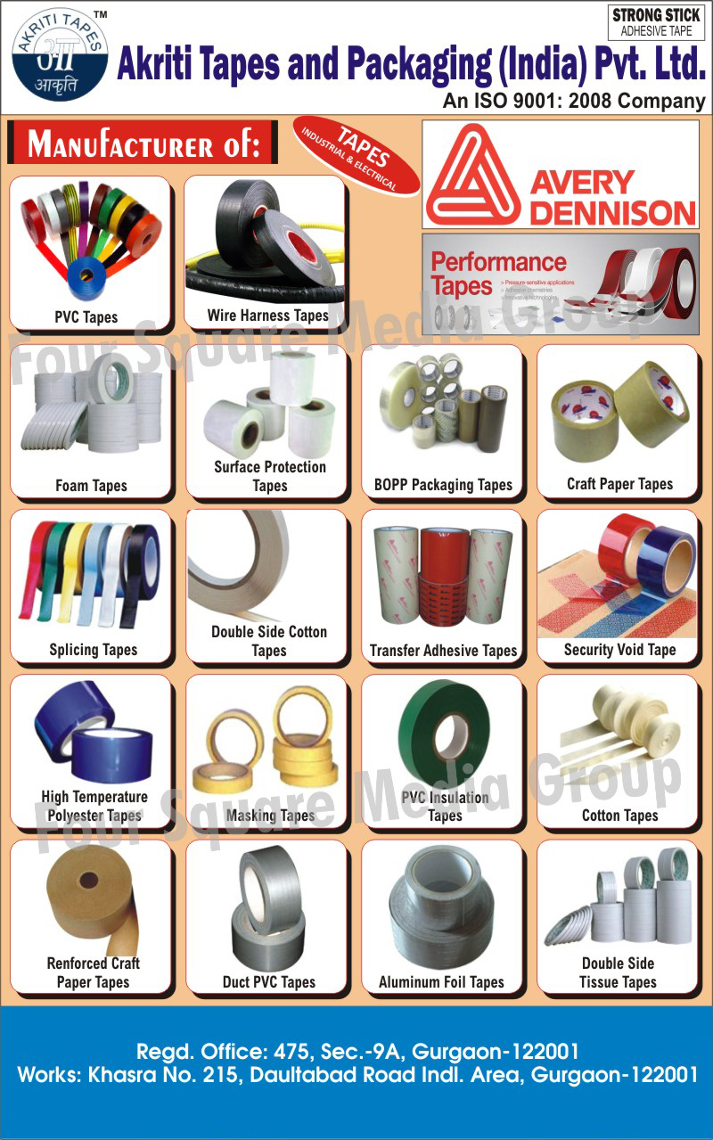Tapes, Duct PVC Tapes, Aluminium Foil tapes, Stationary Tapes, Craft Paper Tapes, Bag Sealing Tapes, Self Adhesives Tapes, Packaging Bopp Tapes, BOPP Packaging Tapes, Foam Tapes, Polyester Tapes, Masking Tapes, Double Side Tissue Tapes, PVC Insulation Tapes, Cotton Tapes, Double Side Cotton Tapes, Splicing Tapes, Surface Protection Tapes, Reinforced Craft Paper Tapes, Transfer Adhesive tapes, Security Void tapes, Wire Harness Tapes, High Temperature Polyester Tapes, Industrial Tapes, Electrical Tapes, Nylon Tapes, Paper Tapes, Pilproof Tapes, Strapping Dispensers, Pneumatic Steel Strapping Machines, Electrical Insulation Tapes, Portable Packaging Machines, BOPP Self Adhesive Tapes, Floor Marking Tapes, Industrial Packaging Materials, Performance Tapes