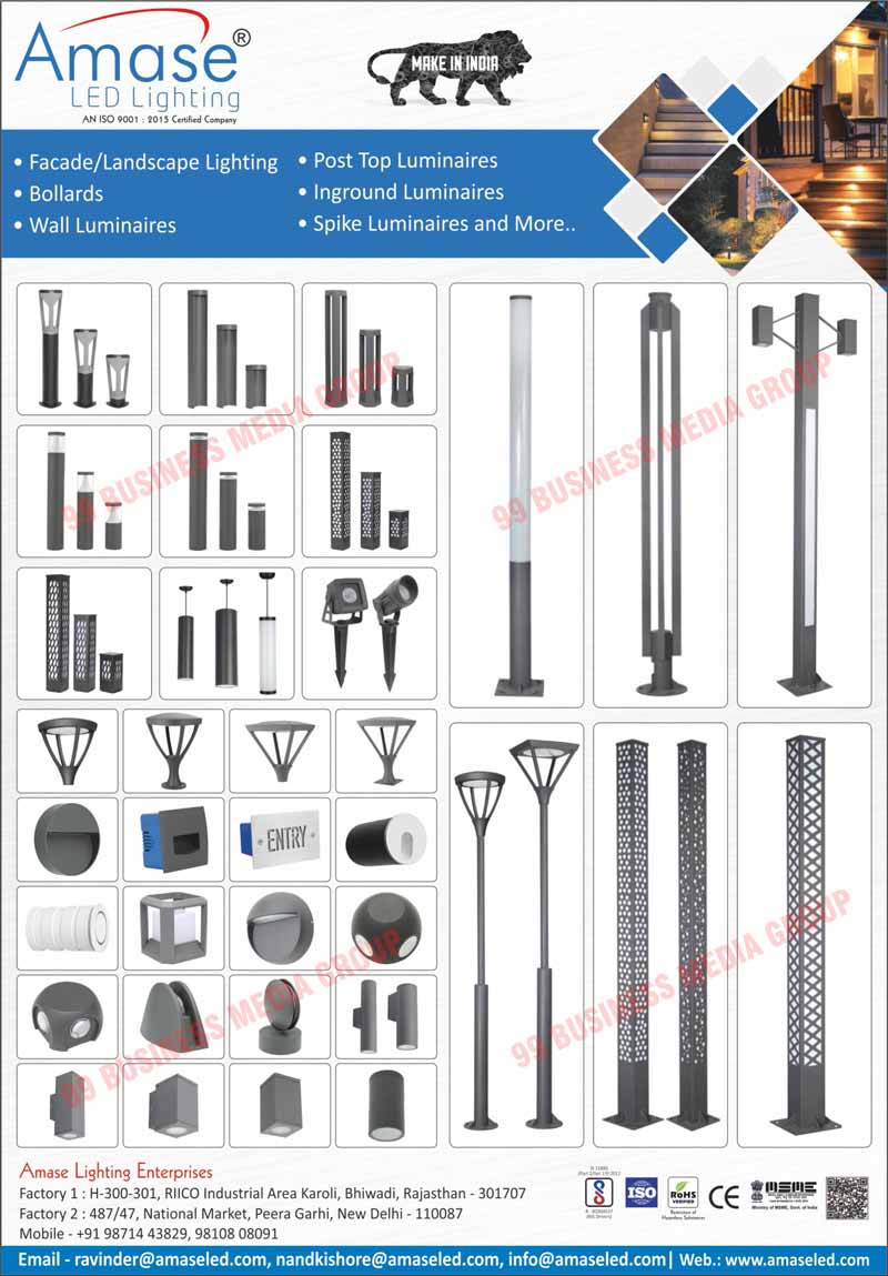 Facade Lights, Landscape Lights, Bollards, Wall Luminaires, Post Top Luminaires, Inground Luminaires, Spike Luminaires, Led Lights