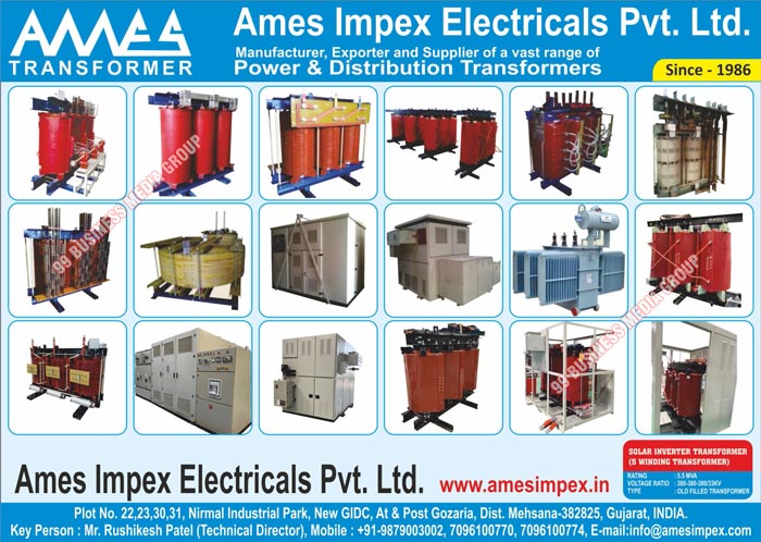 Power Transformers, Distribution Transformers, Dry Type VPI Transformers, Solar Inverter Transformers, Aluminium Foil Winding Cast Resin Transformers, Cast Resin Transformers, Dry Type VPI Lighting Transformers, Oil Filled Dual Secondary Convertor Duty Transformers, Dry Type Transformer OLTC, Dry Type VPI Rectifier Transformers, MVA Unitised Substations, Dry Type Air Core Reactors