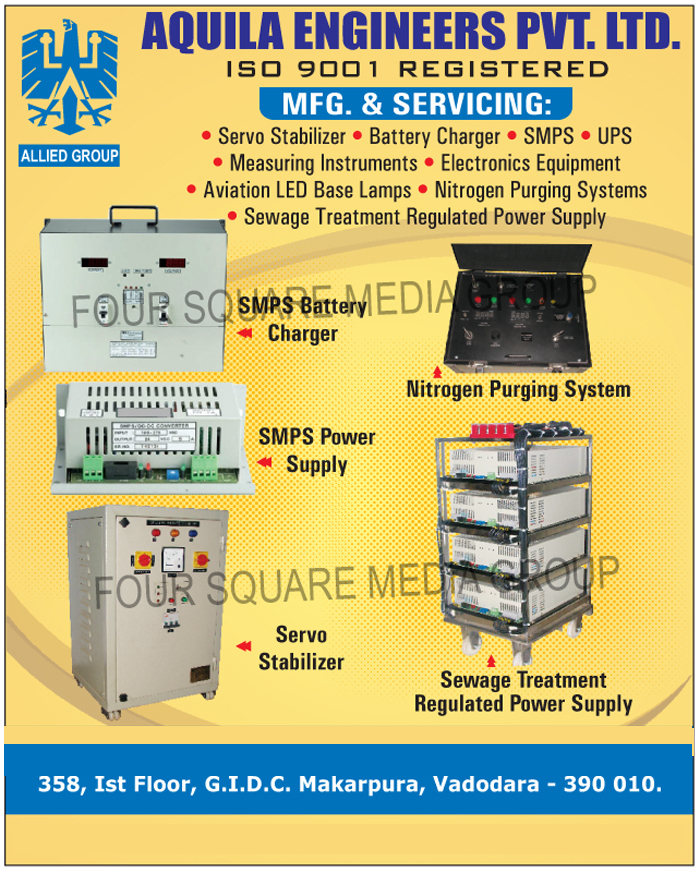 Servo Stabilizers, Battery Chargers, SMPS, UPS, Measuring Instruments, Electronic Equipments, Aviation Led Base Lamps, Nitrogen Purging Systems, Sewage Treatment Regulated Power Supply, Sewage Treatment Regulated Power Supplies, SMPS Battery Chargers, SMPS Power Supply, SMPS Power Supplies