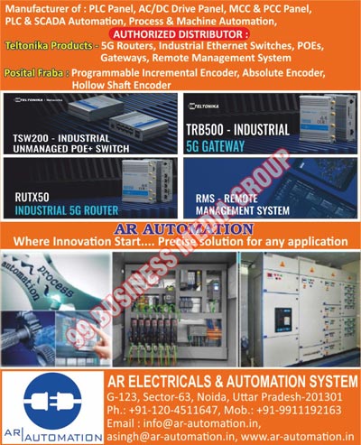 PLC Panels, AC Drive Panels, DC Drive Panels, MCC Panels, PCC Panels, PLC Automations, SCADA Automations, Process Automations, Machine Automations, Industrial Ethernet Switches, POEs, Gateways, Remote Management Systems, 5G Routers, Programmable Incremental Encoders, Absolute Encoders, Hollow Shaft Encoders
