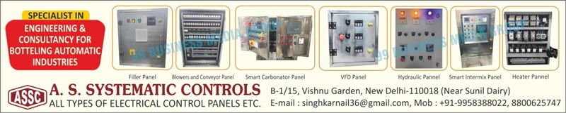Electrical Control Panels, Filler Panels, Blower Panels, Conveyor Panels, Carbonator Panels, VFD Panels, Hydraulic Panels, Intermix Panels, Heater Panels