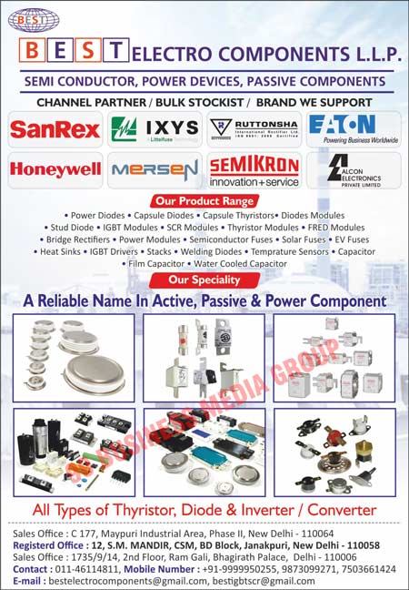 Power Diodes, Capsule Diodes, Capsule Thyristors, Diodes Modules, Stud Diodes, IGBT Modules, Scr Modules, Thyristor Modules, Fred Modules, Bridge Rectifiers, Power Modules, Semiconductor Fuses, Solar Fuses, Ev Fuses, Heat Sinks, IGBT Drivers, Stacks, Welding Diodes, Temperature Sensors, Capacitors, Film Capacitors, Water Cooled Capacitors, Power Components, Thyristors, Diodes, Inverters, Converters, Semi Conductors, Power Devices, Passive Components, Channel Partners, Bulk Stockists, Brands, Active Power Components, Passive Power Components
