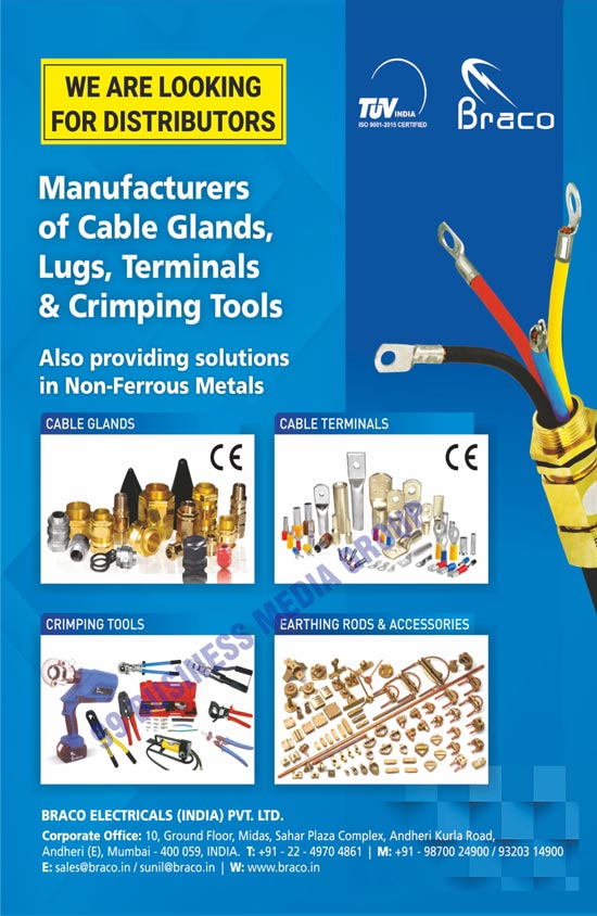 Cable Glands, Cable Lugs, Electrical Terminals, Copper Bus Bars, Crimping Tools, PG Glands, Cable Terminals, GI Pipes, GI Fittings, Earthing Rods, Earthing Accessories, GI Flexible Pipes, GI Flexible Fittings, Brass Extrusions, Flexible Cables, MCB, Distribution Boxes, Cables, Distribution Boards, Copper Busbars, Non Ferrous Metals
