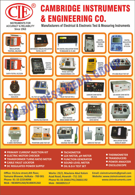 Electrical Testing Instruments, Electronic Testing Instruments, Electrical Measuring Instruments, Electronic Measuring Instruments, Hand Driven Generator Type Insulation Testers, Digital Insulation Testers, Digital Earth Testers, Motorised Analog Insulation Testers, Digital Clamp Meters, Phase Sequence Indicators, Relay Test Sets, Micro OHM Meters, Hand Driven Generator Type Earth Testers, Oil Test Sets, High Voltage Breakdown Test Sets, Digital Multimeters, Primary Current Injection Kits, Electric Motor Checkers, Transformer Turn Ratio Meters, Cable Fault Lacators, DC Regulated Power Supply, Tachometers, Lux Meters, Function Generators, Sound Level Meters, PH Meters, Thermometers, Transducers, Power Analyzers, Oscilloscopes