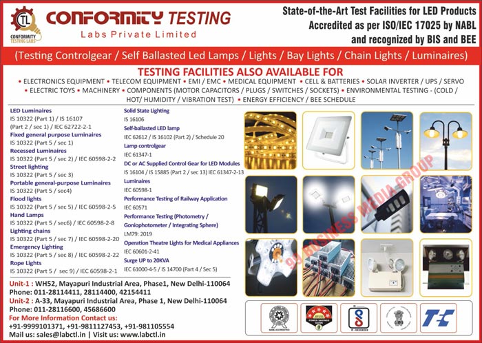 Microwave Oven Testing Capabilities, Electric Kettle Testing Capabilities, Rice Cooker Testing Capabilities, Storage Geyser Testing Capabilities, Instant Geyser Testing Capabilities, Blender Testing Capabilities, Food Processor Testing Capabilities, Food Mixer Testing Capabilities, Electric Iron Testing Capabilities, Electric Immersion Water Heater Testing Capabilities, Electric Stove Testing Capabilities, Room Heater Testing Capabilities, Skin Care Appliance Testing Capabilities, Hair Care Appliance Testing Capabilities, Electric Shaver Appliance Testing Capabilities, Hair Clipper Appliance Testing Capabilities, Fan Appliance Testing Capabilities, Steam Inhaler Appliance Testing Capabilities, Induction Stove Appliance Testing Capabilities, Steam Oven Appliance Testing Capabilities, Grill Appliance Testing Capabilities, Induction Hub Appliance Testing Capabilities, Fry Pan Appliance Testing Capabilities, Deep Fryer Appliance Testing Capabilities, Coffee Maker Appliance Testing Capabilities, Egg Boiler Appliance Testing Capabilities, Electrical Household Testing Appliances, Plug Appliance Testing Capabilities, Socket Appliance Testing Capabilities, Switch Appliance Testing Capabilities, Heating Pad Appliance Testing Capabilities, Controlgear Testing Facilities, Self Ballasted Led Lamp Testing Facilities, Light Testing Facilities, Bay Light Testing Facilities, Chain Light Testing Facilities, Luminaires Testing Facilities, Fixed General Purpose Luminaires Testing Facilities, Recessesd Luminaires Testing Facilities, Street Lighting Testing Facilities, Portable Genral Purpose Luminaires Testing Facilities, Hand Lamp Testing Facilities, Lighting Chain Testing Facilities, Emergency Lighting Testing Facilities, Rope Light Testing Facilities, Solid State Lighting Testing Facilities, Led Module DC Supplied Control Gear Testing Facilities, Led Module AC Supplied Control Gear Testing Facilities, Railway Application Performance Testing Facilities, Photometry Performance Testing Facilities, Goniophotometer Performance Testing Facilities, Integrating Sphere Performance Testing Facilities, Medical Appliance Operation Theatre Light Testing Facilities, Electronic Equipmemnt Testing Facilities, Telecom Equipment Testing Facilities, EMI Equipment Testing Facilities, EMC Equipment Testing Facilities, Medical Equipment Testing Facilities, Cell Testing Facilities, Battery Testing Facilities, Solar Inverter Testing Facilities, UPS Testing Facilities, Servo Testing Facilities, Electric Toy Testing Facilities, Machinery Testing Facilities, Motor Capacitor Component Testing Facilities, Plug Component Testing Facilities, Switch Component Testing Facilities, Socket Component Testing Facilities, Cold Enviromental Testing Facilities, Hot Enviromental Testing Facilities, Humidity Enviromental Testing Facilities, Vibration Test Enviromental Testing Facilities, Emergency Efficiency Testing Facilities, Bee Schedule Testing Facilities, Flood Light Testing Facilities, Lamp Controlgear Testing Facilities