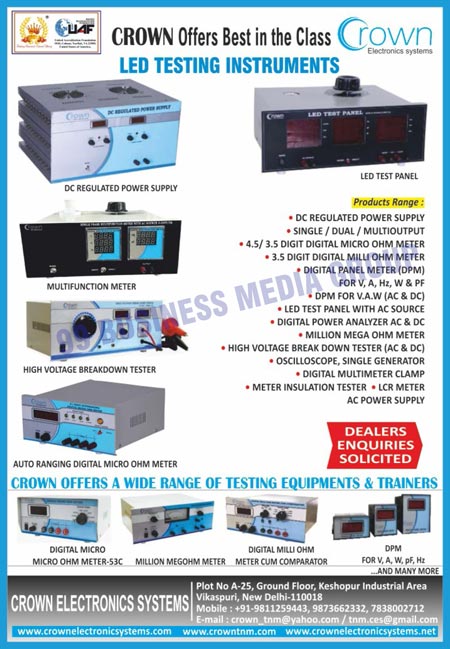 Led Testing Instruments, DC Regulated Power Supplies, Single Outputs, Dual Outputs, Multi Outputs, 4.5 Digit Digital Micro OHM Meters, 3.5 Digit Digital Micro OHM Meters, 3.5 Digit Digital Mili OHM Meters, Digital Panel Meters, V Digital Panel Meters, A Digital Panel Meters, Hz Digital Panel Meters, W Digital Panel Meters, PF Digital Panel Meters, AC VAW Digital Panel Meters, DC VAW Digital Panel Meters, Led Test Panels, Digital Power Analyzer AC, Digital Power Analyzer DC, Million Mega OHM Meters, AC High Voltage Breakdown Testers, DC High Voltage Breakdown Testers, Oscilloscope Generators, Single Generators, Digital Multimeter Clamps, Meter Insulation Testers, LCR Meters, AC Power Supplies, Multifunction Meters, High Voltage Breakdown Testers, Auto Ranging Digital Micro OHM Meters, Digital Micro OHM Meters, Million Megohm Meters, Digital Milli OHM Meter Cum Comparators, Testing Equipments, Testing Trainers