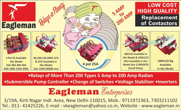 Relays, DC Coils, AC Coils, Submersible Pump Controllers, Change Switches, Voltage Stabilizers, Inverters, Control Panel Submersible Pumps