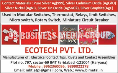 Electrical Contact Tips, Electrical Contact Rivets, Electrical Contact Assemblies, Contact Materials, Pure Silver AG Contact Materials, Silver Cadmium Oxide Contact Materials, Silver Nickle Contact Materials, Silver Tin Oxide Contact Materials, Silver Graphite Contact Materials, Contacts Rivets