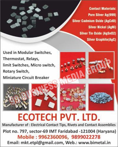 Electrical Contact Tips, Electrical Contact Rivets, Electrical Contact Assemblies, Contact Materials, Pure Silver AG Contact Materials, Silver Cadmium Oxide Contact Materials, Silver Nickle Contact Materials, Silver Tin Oxide Contact Materials, Silver Graphite Contact Materials, Contacts Rivets