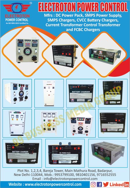 DC Power Packs, SMPS Power Supplies, SMPS Chargers, CVCC Battery Chargers, Current Transformer Control Transformers, FCBC Chargers