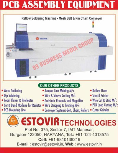 Wave Soldering Machines, Dip Soldering Machines, Foam Fluxers, Foam Preheaters, Resistor Cut Machines, Bend Machines, Printed Circuit Board Mounting Lines, PCB Mounting Lines, Jumper Link Making Machines, Wire Cutting Machines, Sleeve Cutting Machines, Wire Stripping Machines, Wire Twisting Machines, Belt Conveyor Systems, Chain Conveyor Systems, Rollers Conveyor Systems, Reflow Ovens, Stencil Printers, Wire Cut Machines, Wire Strip Machines, Printed Circuit Board Lead Cutting Machines, Printed Circuit Board Lead Cutter Machines, Cutter Grinders, Reflow Soldering Machines, Printed Circuit Board Assembly Equipments, Printed Circuit Board Assembly Machines, Printed Circuit Board Lines, Antistatic Products, Magnifiers, PCB Lead Cutting Machines, Wire Cutting Machines, Automatic Dip Soldering Machines, PCB Assembly Equipments