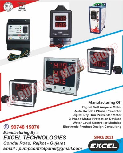 Digital Volt Ampere Meters, Auto Switches, Phase Preventers, Digital Dry Run Preventer Meters, 3 Phase Motor Protection Devices, Water Level Controller Modules, Electronic Product Design Consulting Services