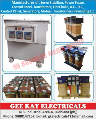 Servo Stabilizers, Power Factors, Control Panels, Transformers, Line Chokes, AC Panels, DC Panels, Generators, Motors, Transformer Rewindings
