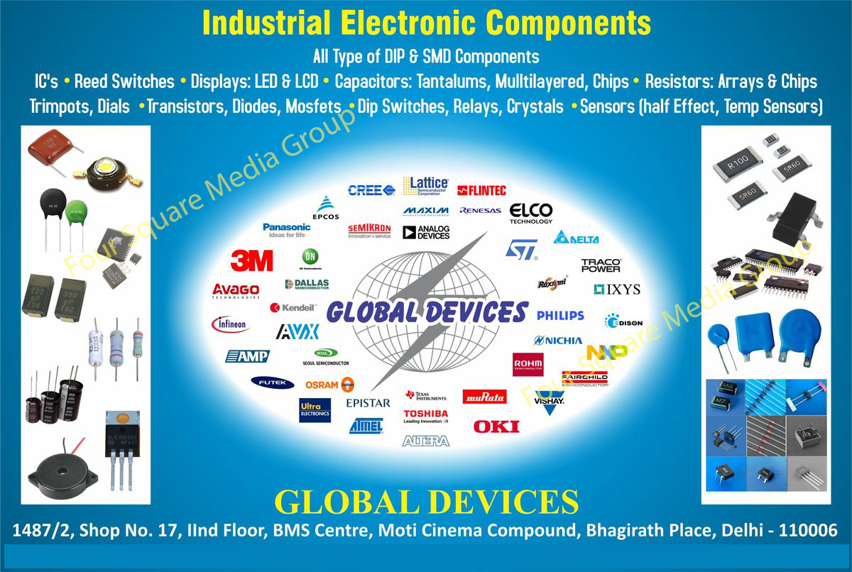 Industrial Electronic Components, Electronic Components, Integrated Circuits, Reed Switches, LED Displays, LCD Displays, DIP Components, SMD Components, Tantalum Capacitors, Multilayered Capacitors, Chips Capacitors, Arrays Trimpot Resistors, Chips Trimpot Resistors, Transistor Dials, Diodes, Dip Switch Mosfets, Relays, Crystals, Half Effect Sensors, Temp Sensors