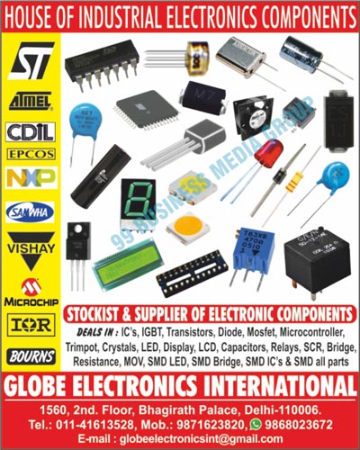 Electronic Components, Integrated Circuits, IC Base, Integrated Circuit Base, Transistors, Diodes, Mosfets, IGBT, Micro Controllers, Trimports, Crystals, LED  Display, LCD, Capacitors, Relays, Ceramic Capacitors, Resistance, SMD Parts,ICs, MOV Parts