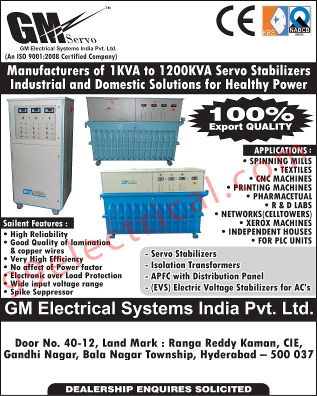 Servo Stabilizers, Industrial Stabilizers, Isolation Transformers, Ac Electric Voltage Stabilizers, Distribution Panels,Electrical Products, Stabilizers, Electrical Panels, Electronic Voltage Stabilizers