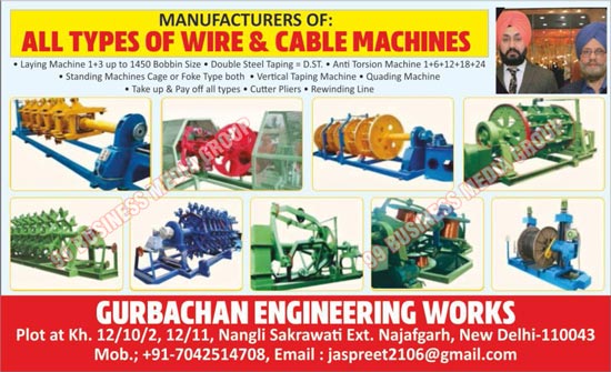 Wire Machines, Cable Machines, Laying Machines, Double Steel Taping Machines, Anti Torsion Machines, Standing Machines Cage Type, Standing Machines Foke Type, Vertical Taping Machines, Quading Machines, Take Up Machines, Pay Off Machines, Cutter Pilers, Rewinding Lines