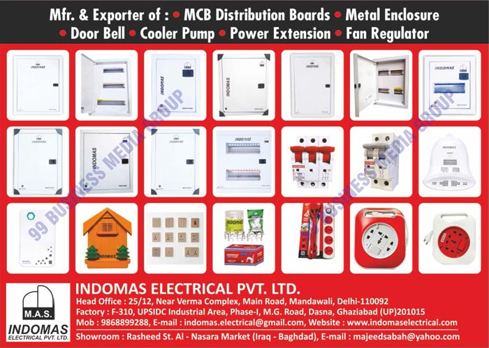 MCB Distribution Boxes, Metal Enclosures, Cooler Pumps, Door Bells, Power Extensions, Fan Regulators