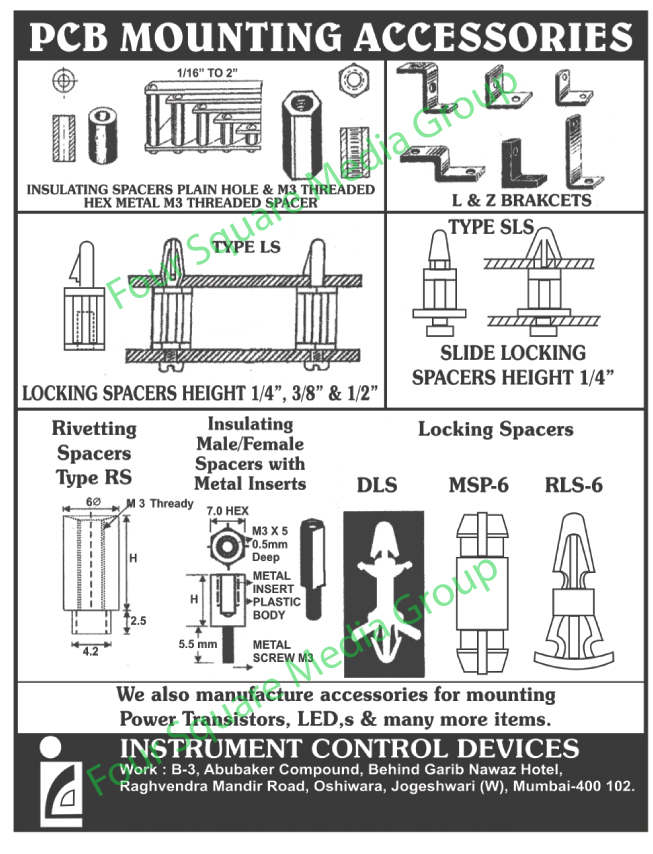 PCB Accessories, Printed Circuit Board Accessories, PCB Mounting Accessories, Printed Circuit Board Mounting Accessories, Power Transistors Accessories, LED Accessories, Fuse Holders, Clamps, Knobs, Led Holders, PCB Assembly Services, Plastic Moulded Parts, Plugs, Sockets, Brackets, Slide Locking Spacers, L Brackets, Z Brackets, Revetting Spacers, Locking Spacers, Insulating Spacers, Slide Locking Spacers