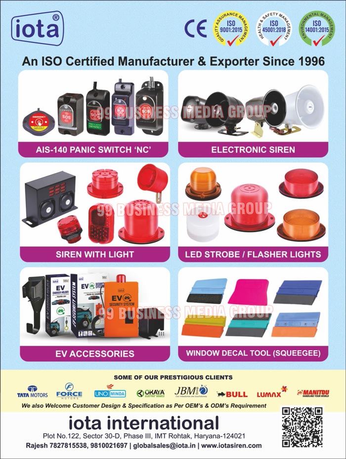 Electronic Sirens, Piezo Sirens, Siren with Strobe Lights, Emergency Panic Switches, Panic Switches NC, Beacon Lights, Flasher Lights, Siren with Lights, Led Strobe Lights, Led Flasher Lights, EV Accessories, Squeegee Window Decal Tools