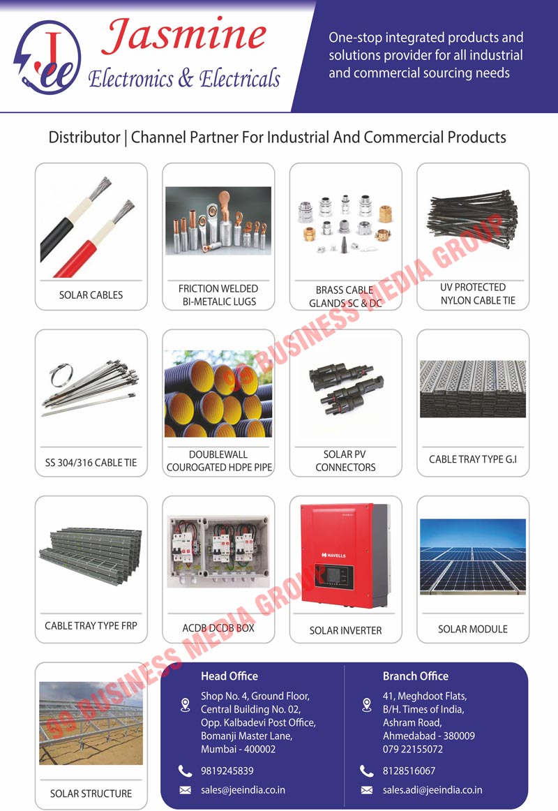 Cable Terminals, Cable Glands, Crimping Tools, Cables, Wires, Cable Jointing Kits, DWC HDPE Pipes, DWC HDPE Pipe Fittings, Lighting Luminaries, Junction Boxes, Junction Box Enclosures, Cable Trays, FRP Cable Trays, GI Cable Trays, Heating Elements, Flame Proof Equipments, Flame Proof Fittings, Air Circulating Fans, Exhaust Fans, Electrical Measuring Instruments, Industrial Channel Partners, Commercial Product Channel Partners, Solar Structures, Solar Modules, Solar Inverters, ACDB DCDB Boxes, FRP Type Cable Trays, G.I Type Cable Trays, Solar PV Connectors, Double wall Corrugated HDPE Pipes, UV Protected Nylon Cable Ties, SC Gland Brass Cables, DC Gland Brass Cables, Friction Welded Bi Metalic Lugs, Solar Cables