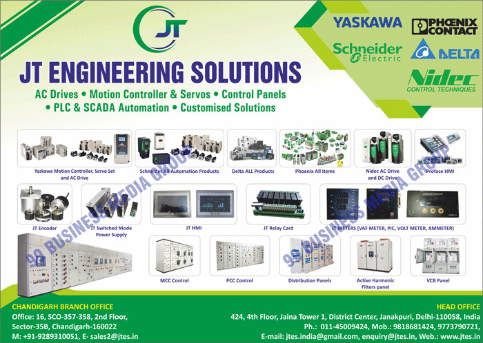Ac Drives, Motion Controllers, Servo Controllers, Control Panels, PLC Automations, SCADA Automations, Servo Drives, Servo Motors, Scada Systems, Encoder Products, JT Switched Mode Power Supplies, Soft Starters, Telemecanique Sensors, Industrial Robots, Relay Cards, MCC Controls, PCC Controls, Distribution Panels, Active Harmonic Filter Panels, VCB Panels, Servo Set Drives, Schneider Automation Products, Delta Products, Nidec AC Drives, DC Drives, Proface HMI, Jt HMI, Motion Servos, Yaskawa Motion Controllers, Phoenix  Items, Nidec DC Drives, JT Encoders, VAF Meters, PIC Meters, VOLT Meters, AMMETER Meters