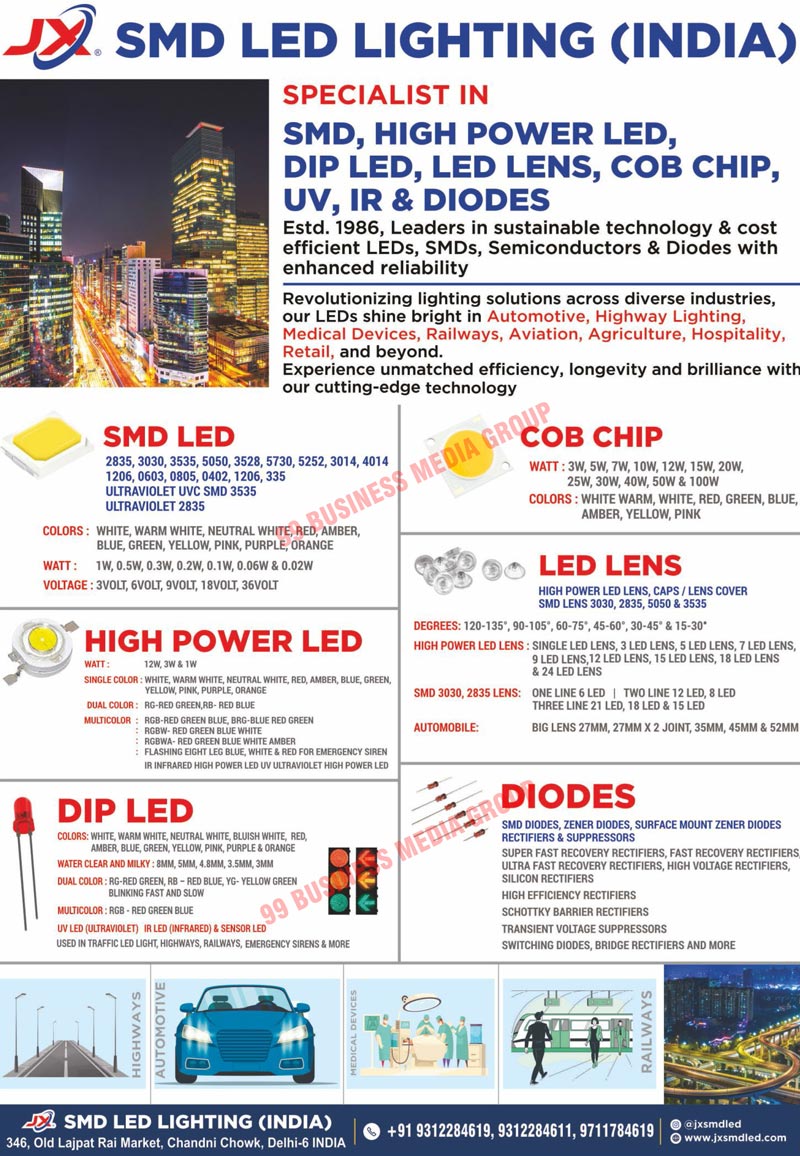 Single Colour SMD LEDs, RGB SMD LEDs, High Power LEDs, COB LEDs, DIP LEDs, LED Modules, LED Lens, Flexible Strip Leds, Led Strip Lights, Led Pixel Lights, Semiconductors, SMD PCB Without Drivers, SMD Printed Circuit Board Without Drivers, Power LEDs, SMPS, Led Drivers, Pixel LEDs, Power Supplies, Zener Diodes, Led Lights, Led Bulbs, Driver Chips, DOB Down Lights, DOB Flood Lights, DOB Bulbs, HV Cobs, Led Tube Drivers, RGB Led Controllers, Pixel Led Drivers, Copper PCB Gold Wires, Traffic lights, Emergency Vehicles Lights, Fire Truck Sirens, Police Vehicles Sirens, Airport Signal-Directions Lights, Railway Signal Lights, Traffic Led Lights, High Power Led Lights, COB Chips, UVC Led Lights