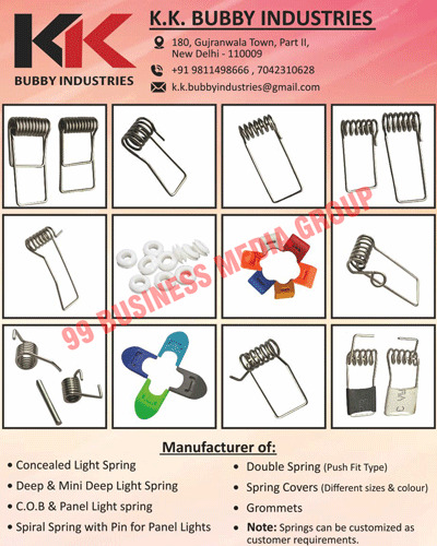 Springs, Grommet Rubbers, Concealed Light Springs, Deep Light Springs, Mini Deep Light Springs, Push Fit Type Double Springs, Different Size Spring Covers, Different Colour Spring Covers, COB Light Springs, Panel Light Springs, Panel Light Spiral Springs With Pins