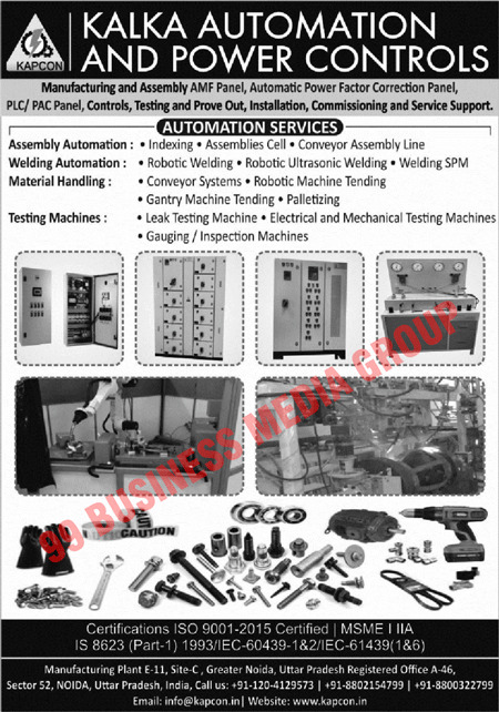 AMF Panel, Automatic Power Factor Correction Panel, PLC Panel, PAC Panel, Controls, Testing, Prove Out, Installation, Commissioning, Service Support, Assembly Automation, Indexing Assemblies, Assemblies Cell, Conveyor Assembly Line, Welding Automation, Robotic Welding, Robotic Ultrasonic Welding, Welding SPM, Material Handling, Conveyor Systems, Robotic Machine Tending, Gantry Machine Tending Palletizing, Testing Machines, Leak Testing Machines, Electrical Testing Machines, Mechanical Testing Machines, Gauging Machines, Inspection Machines, Servo Stabilizers, Servo Transformers
