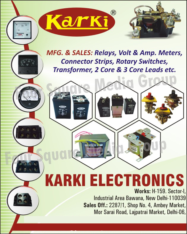 Electronic Equipments, Relays, Volt Meters, Ampere Meters, Connector Strips, Rotary Switches, Transformers, Two Core Leads, 2 Core Leads, Three Core Leads, 3 Core Leads, AMP Meters, Digital Panel Meters, Connectors