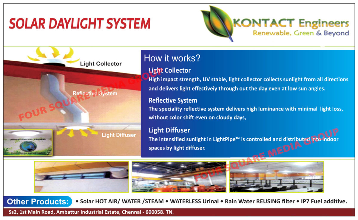 Solar Daylight Systems, Solar Hot Air Systems, Solar Water Steams, Waterless Urinals, Rain Water Reusing Filters, Fuel Additives,Solar Products, Urinal, Filter