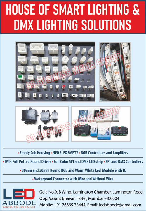 Empty Cob Housings, NEO Flexs Empty, RGB Controllers, RGB Amplifiers, Full Potted Round Drivers, SPI Controllers, DMA Led Strips, DMX Controllers, Round RGB Led Module ICs, Led Module ICs, Waterproof Connector Wires, Wires, Smart Lighting Houses, DMX Lighting Solution Houses
