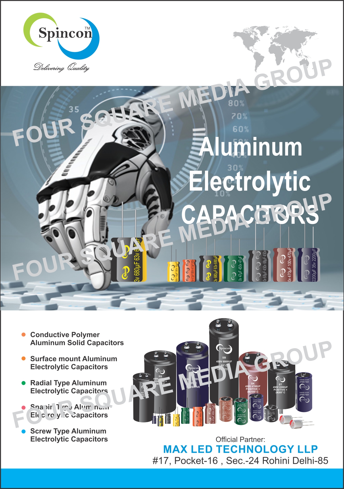 Aluminum Electrolytic Capacitors, Conductive Polymer Aluminum Solid Capacitors, Surface Mount Aluminum Electrolytic Capacitors, Radial Type Aluminum Electrolytic Capacitors, Snapin Type Aluminum Electrolytic Capacitors, Screw Type Aluminum Electrolytic Capacitors