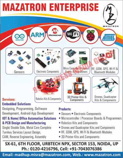 Sensors, Electronic Components, Robotics Kits, Robotics Components, 3D Pinter Kits, 3D Printer Components, Drones, Quadcopter Kits, Quadcopter Components, RF Modules, GSM Modules, GPS Modules, WiFi Modules, Bluetooth Modules, Microcontroller, Processor Boards, Programmer Boards, Drone Kits, Drone Components, Embedded Solutions, Iot Automation Solutions, Home Automation Solutions, Office Automation Solutions, PCB Designing Services, PCB Manufacturing Services, Single Sided PCB, Single Sided Printed Circuit Boards, Double Sided PCB, Double Sided Printed Circuit Boards, Metal Core PCB, Metal Core Printed Circuit Boards, Turnkey Service Layout Design Services, CAM Services, Reverse Engineering Services, Reverse Assembly Services