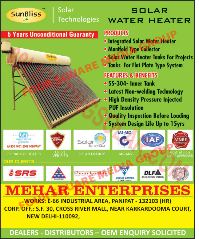 Solar Water Heaters, Integrated Solar Water Heaters, Manifold Collectors, Solar Water Heater Tanks, Flat Plate System Tanks