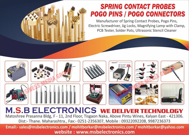 Spring Contact Probes, Pogo Pins, Electric Screwdrivers, Jig Locks, Magnifying Lamp With Clamps, PCB Testers, Solder Pots, Ultrasonic Stencil Cleaners, Utron Super Speed Bare Board Testers, Spring Contact Probes Pogo Pins, Pogo Connectors