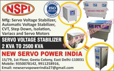 Servo Voltage Stabilizers, Automatic Voltage Stabilizers, CVT, Step Down, Isolations, Variacs, Servo Motors, Servo Stabilizers, Voltage Stabilizers