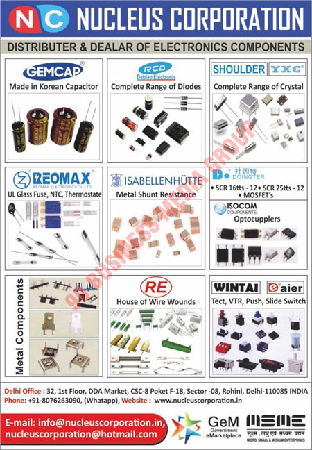 Electronic Components, Capacitors, Diodes, Crystals, UL Glass Fuses, NTCs, Thermostates, Metal Shunt Resistances, Mosfets, Optocupplers, Metal Components, Wire House Wounds, Tect Switches, VTR Switches, Push Switches, Slide Switches