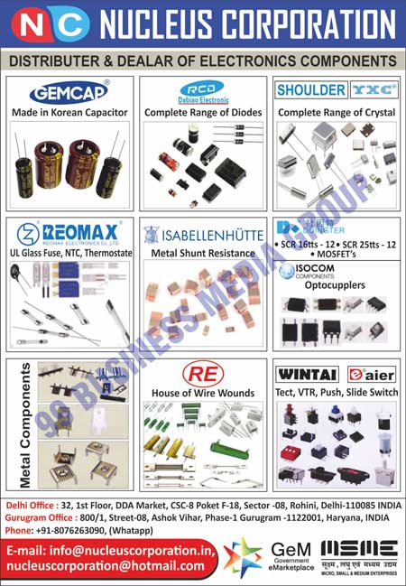 Electronic Components, Capacitors, Diodes, Crystals, UL Glass Fuses, NTCs, Thermostates, Metal Shunt Resistances, Mosfets, Optocupplers, Metal Components, Wire House Wounds, Tect Switches, VTR Switches, Push Switches, Slide Switches