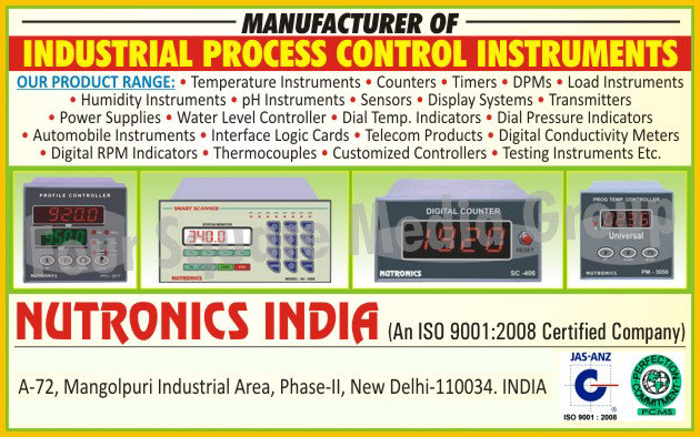 Industrial Process Control Instruments, Temperature Instruments, Digital Temperature Controllers, Blind Temperature Controllers, Digital Temperature Indicators, Dial Temperature Indicators, PID Controllers, Profile Controllers, Auto Scanners, Data Loggers, Data Logger Softwares, Temperature Sensors, Blood Bank Controllers, BOD Controllers,  Counters, Preset Counters, Event Counters, Rate Indicators, Timers, Digital Timers, Blind Timers, Time Measuring Timers, Cyclic Timers, Sequential Timers, DPMs, Ampere Meters, Volt Meters, Frequency Meters, Hour Meters, Current Transformers, Analog Meters, Calibrators, Watt Meters, Load Instruments, Load Indicators, Load Controllers, Load Controller Softwares, Load Cells, Humidity Instruments, Humidity Indicators, Humidity Controllers, Humidity Sensors, PH Instruments, PH Indicators, PH Controllers, PH Sensors, Sensors, Proximity Switches, Magnetic Switches, Float Switches, IR Sensors, PH Sensors, Load Cells, Humidity Sensors, Thermocouples, Current Transformers, Display Systems, Production Monitoring Systems, Andon Displays, Moving Display Systems, LED Display Boards, Multiline Display Boards, Scrolling Message Boards, Token Display Boards, Parking Guidance Systems, Transmitters, Power Supply, AC Power Supply, DC Power Supply, Water Level Controllers, Dial Temperature Indicators, Dial Pressure Indicators, Automobile Instruments, Interface Logic Cards, Telecom Products, Digital Conductivity Meters, Digital RPM Indicators, Customized Controllers, Testing Instruments