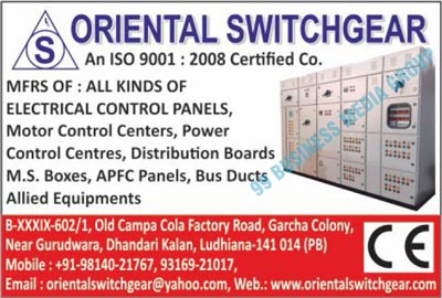 Switchgears, Electrical Control Panels, Automatic PF Correction Panels, Bus Ducts, Allied Equipments, Motor Control Centers, Power Control Centers, Distribution Boards, M.S. Boxes, APFC Panels