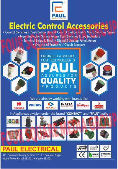 GF Control Switch, Connectors, Micro Switches, lectric Control Accessories, Control Switches, Push Button Units, Control Stations, Mini Micro Switches Series, Indicators, Spring Return Push Switches, Led Indicators, Terminal Strips, Terminal Blocks, Digital Panel Meters,  Analog Panel Meters, Over Load Protector, Circuit Breakers