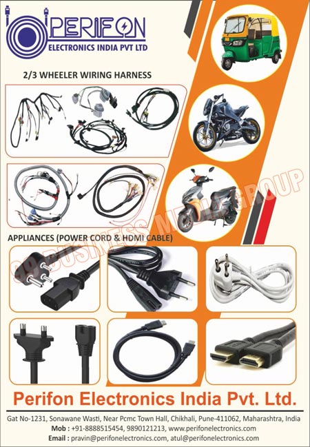 Two Wheeler Wiring Harnesses, Three Wheeler Wiring Harnesses, Power Cord Appliances, HDMI Cable Appliances, USB Cables, Power Cords, Wiring Harnesses