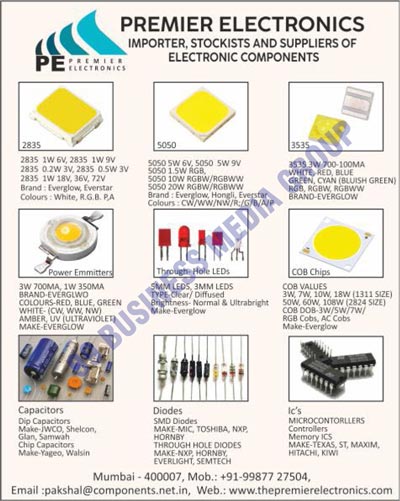 Electronic Components, Power Emitters, Ceramic SMD Series, SMD LEDs, Through Hole LEDs, Chip on Boards, COB Chips, Capacitors, SMD Diodes, Diodes, IC Microcontrollers