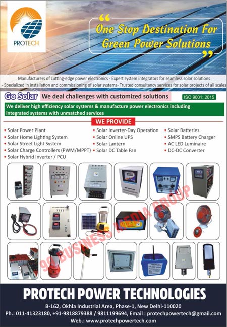 Solar Power Plants, Solar Home Lighting Systems, Solar Street Light Systems, PMW Solar Charge Controllers, MPPT Solar Charge Controllers, Solar Hybrid Inverters, Solar Inverter Day Operation, Solar Online UPS, Solar Lanterns, Solar DC Table Fans, Solar Batteries, SMPS Battery Chargers, AC Led Luminaires, DC-DC Converters, Cutting Edge Power Electronics, Simless Solar Solution System Integrators, Solar System Installations, Solar System Commissionings