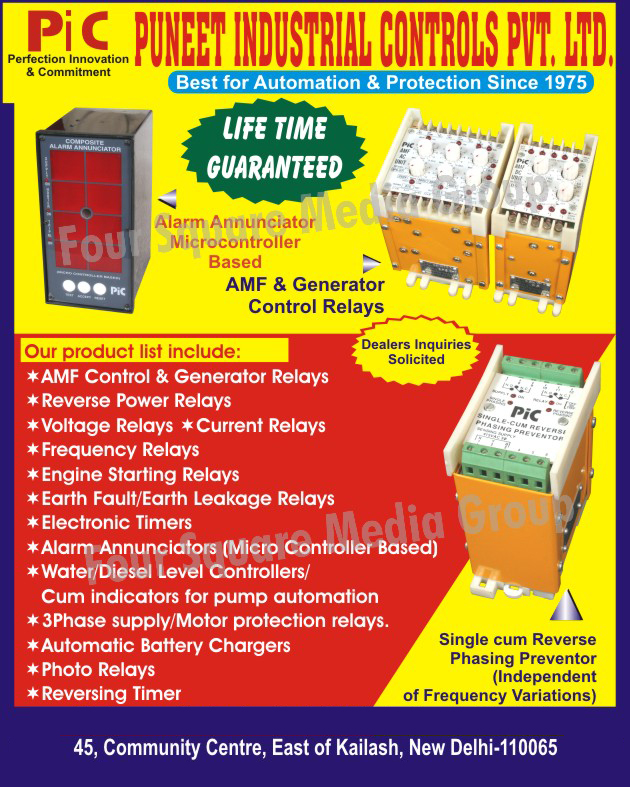AMF Control Relays, Generator Control Relays, Reverse Power Relays, Voltage Relays, Current Relays, Earth Fault Relays, Earth Leakage Relays, Alarm Annunciators, Water Level Controllers, Diesel Level Controllers, Three Phase Supply Relays, Motor Protection Relays, Battery Chargers, Photo Relays, Reversing Timers