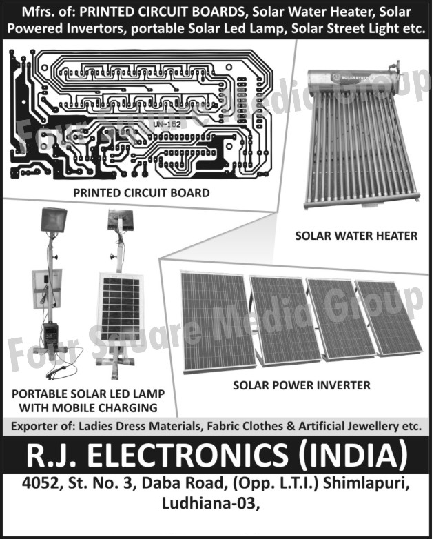 Printed Circuit Boards, Solar Water Heaters, Solar Power Inverters, Portable Solar LED Lamps, Solar Street Lights, PCB